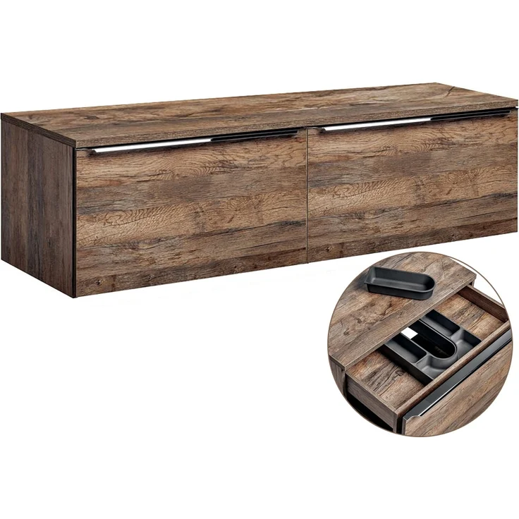 Waschtischunterschrank 160cm mit 2 Auszügen PUEBLA-56 in Vintage Oak Eiche, B/H/T 160,4/48,5/46 cm – Bild 1