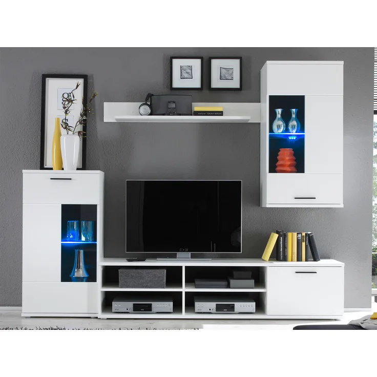 Wohnwand >Kenton< in Weiß aus Glas - 230x185x38cm (BxHxT)
