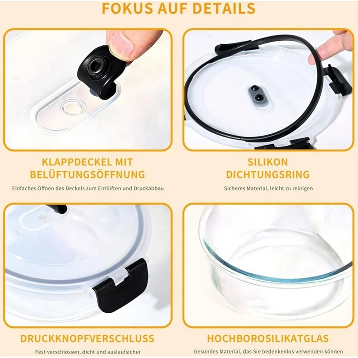 KingLux Frischhaltedose 8Stk. 400ml Stapelbar Glasschüssel mit Deckel,Rund Vorratsdosen Glas, Borosilikatglas, (8-tlg) – Bild 4