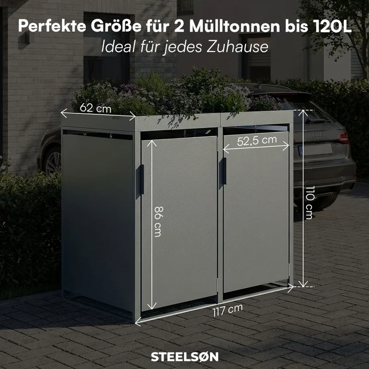 STEELSØN 'Thoria' Mülltonnenbox 2er je 120 Liter, anthrazit, Mülltonnenverkleidung aus Stahl, wetterfest, 111x62x117 cm, Müllbox mit Pflanzendach für 2 Tonnen – Bild 8