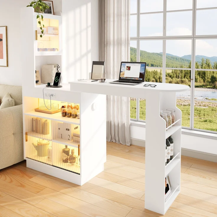 ZUBALIYA Küchenschrank mit Glastüren / Barschrank & Sideboard, mit ausziehbarer Bartisch & Stehtisch mit Stauraum und steckdose, Weiß, 131–170 x 40 x 170 cm, fürs Büro, mit LED, Samt – Bild 4