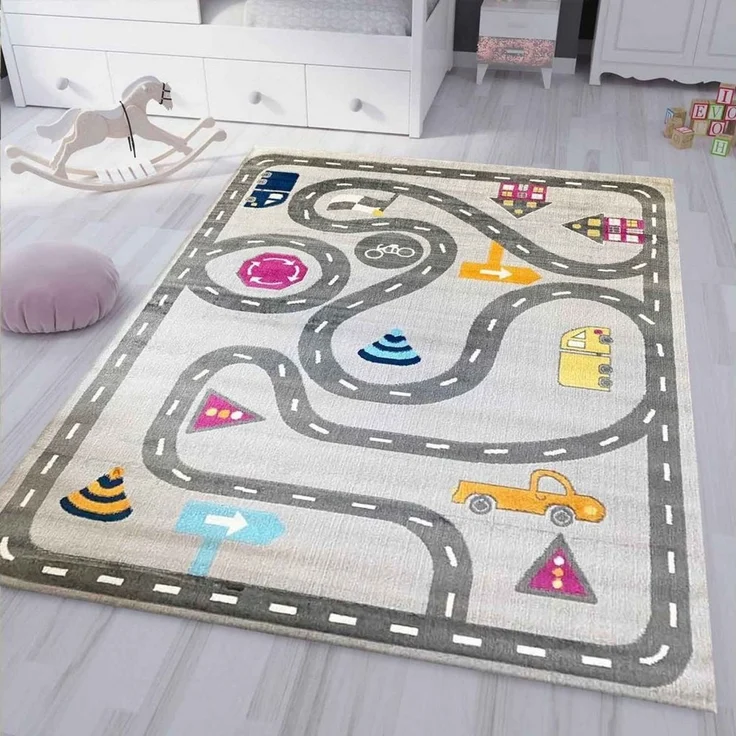 Vimoda Kinderteppich Mondol, Teppich Kinderzimmer mit Auto, Strasse Muster, Rechteckig, Höhe: 8 mm, Spielteppich für kinder, Auto und Straße Muster in Blau & Grau – Bild 2