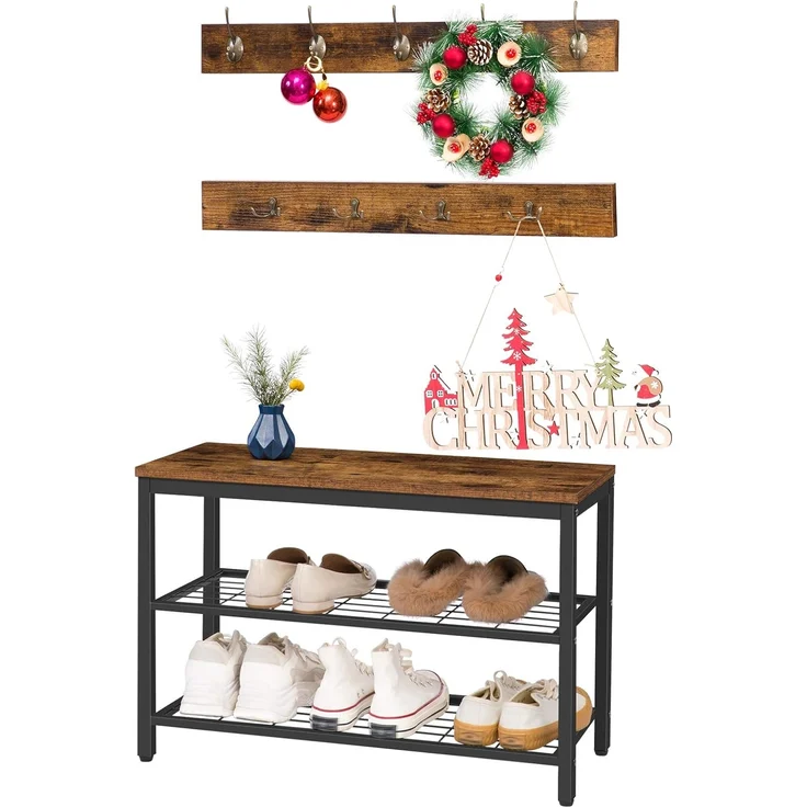 HOOBRO Garderobe Schuhregal Set, Schuhbank mit Sitzfläche, Garderobenständer, Wandgarderobe mit 9 Haken, Flurgarderobe, für Flur, Eingangsbereich, Industrielles, Dunkelbraun-Schwarz EBF07MT01 – Bild 9