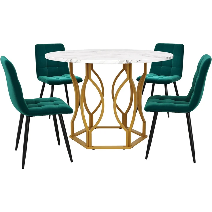 5-teiliges Esszimmer-Set mit rundem Esstisch Ø100 cm & 4 Samtstühlen – Design Essgruppe mit Marmormuster Tischplatte & Metallgestell – Bild 2