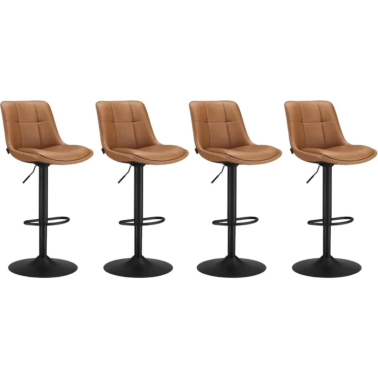 Vasagle Barhocker 4er Set, Barstühle höhenverstellbar, drehbare Küchenhocker, gesteppter PU-Bezug, mit Rückenlehne und Fußstütze, Esszimmer, Theke, Stahl, karamellbraun LJBDE295K01