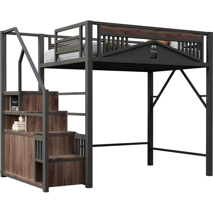 EINHOM Metall-Hochbett 140 x 200 cm, Einzigartiges Sicherheitsgehäuse mit Fenster, Sicherheitsleiter mit Spind, Schwarz (Ohne Matratze) – Bild 7