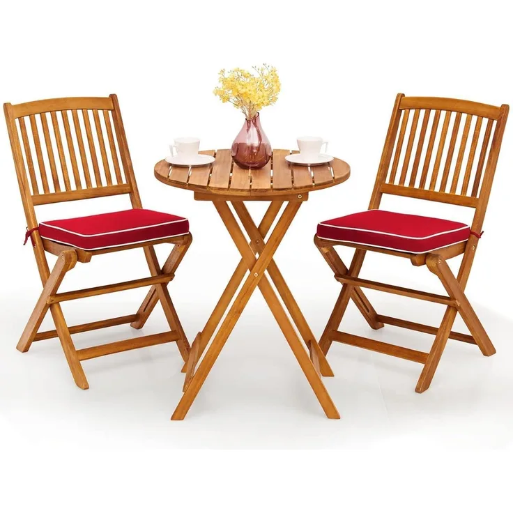 3tlg. Gartenmöbel Set Akazienholz klappbar Rundtisch 2 Stühle Kissen Rot