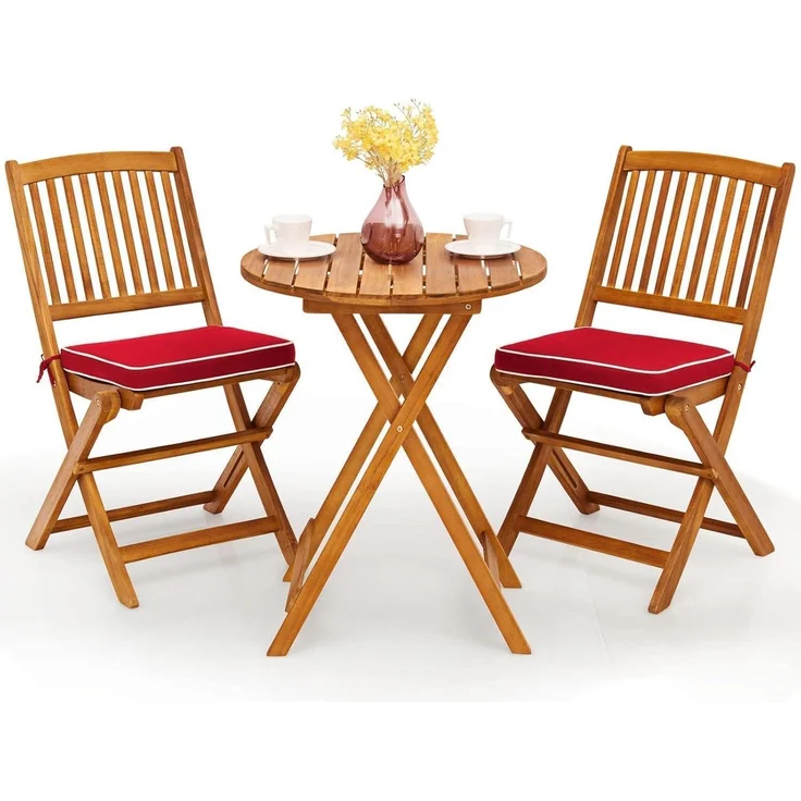 3tlg. Gartenmöbel Set Akazienholz klappbar Rundtisch 2 Stühle Kissen Rot – Bild 1