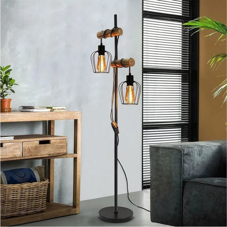 Nettlife Stehlampe Schwarz 2-Flammig 145cm E14/E27 Stehleuchte Vintage Metall Industrial, mit Kippschalter, ohne Leuchtmittel, 151*40*22cm,Fußschalter Leselampe Retro für Schlafzimmer Wohnzimmer – Bild 2