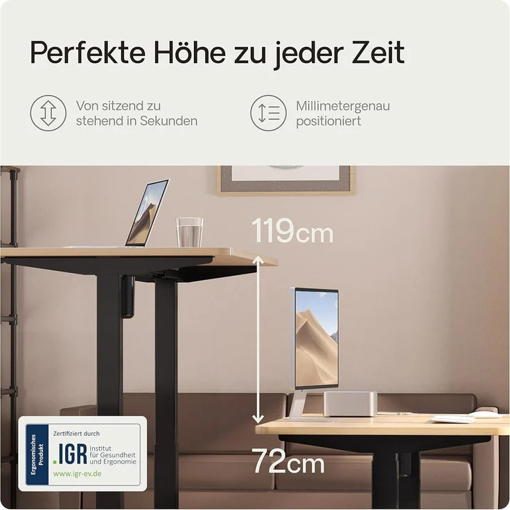 Desktronic Elektrisch Höhenverstellbarer Schreibtischgestell HomeOne, Schwarz, mit Memory-Funktion, Anti-Kollisions Technologie, USB-A und USB-C-Ladeanschlüssen – Bild 6
