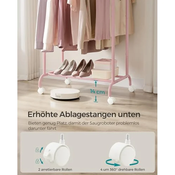 Songmics Kleiderständer auf Rollen, doppelte Stangen, ausziehbare Kleiderstangen, Garderobenständer aus Stahlrohren, bis 80 kg belastbar, 83-120 cm breit, Pastellrosa – Bild 6