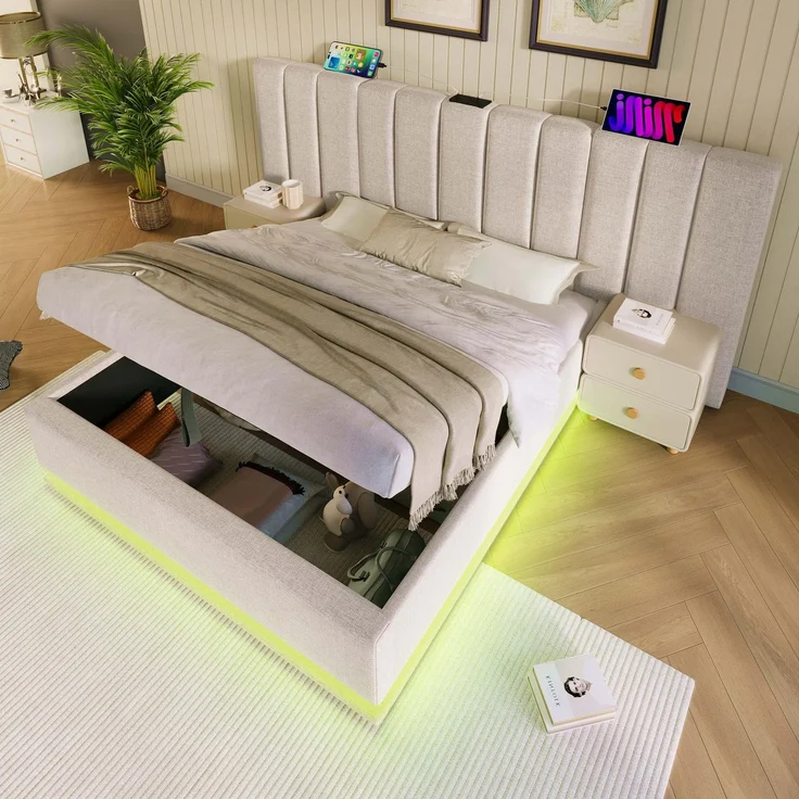FAVSH Polsterbett 180x200cm mit Bettkasten, Doppelbett Stauraumbett App Control LED und USB-C Ladefunktion, Doppelbett mit Lattenrost Jugendbett Stauraumbett Bettgestell Leinen Ohne Matratze, Beige