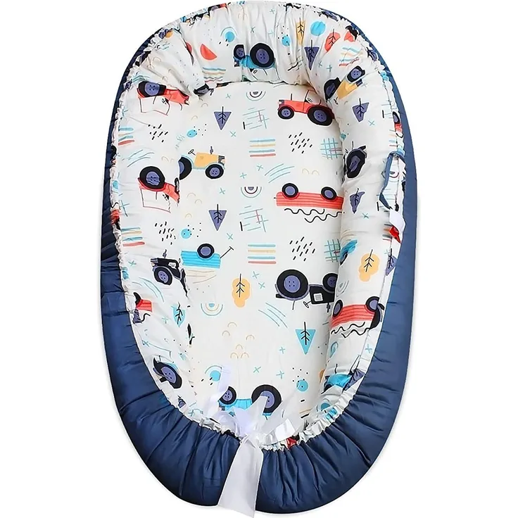 SONARIN Babynest babynestchen 100% Baumwolle,multifunktionales Kuschelnest für Babys,hypoallergen, mit Kissen, tragbar,Nestchen Reisebett für Babys und Säuglinge(Blau-Auto)