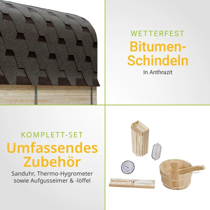 Artsauna Fasssauna Nolvik XXL, Outdoor-Sauna aus Fichtenholz, 8 kW Ofen, LED, Komplettset mit Sanduhr, Eimer & Thermometer, winterfest, Cube Design – Bild 6