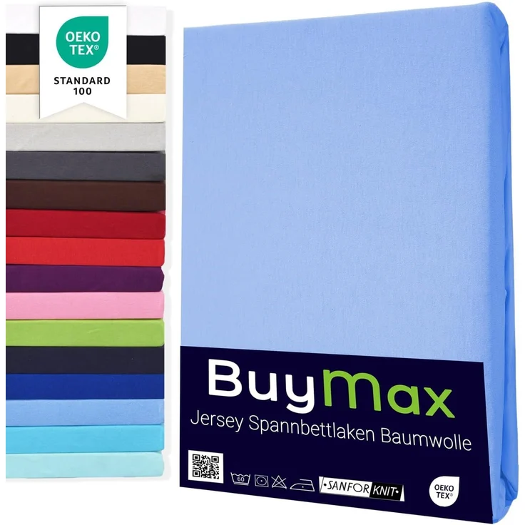 Buymax® Spannbettlaken 140x200 cm Baumwolle 100% Spannbetttuch Bettlaken Jersey, Matratzenhöhe bis 25 cm, Farbe Hellblau – Bild 1