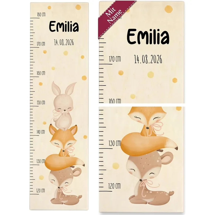 Messlatte Kind Holz - Tiere - Kindermesslatte süße Tierchen Hase Fuchs Reh mit Name und Datum I Waldtiere - 120-180 cm - Holz - kinder 160 tier baby meßlatte mädchen größe eichhörnchen