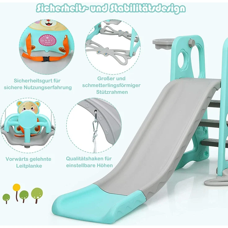 COSTWAY 4 in 1 Kinder Spielplatz, Kinder Rutsche Kletterleiter & Schaukel & Basketballkorb fuer Kinder, Schaukelgeruest, Kinderschaukel, Kinderrutsche fuer Outdoor und Indoor Gruen – Bild 5