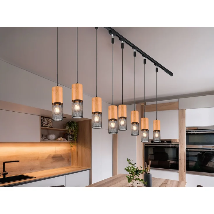 Lichtschienensystem mit 8x Holz Pendel & Einspeisung 4-adrig, Länge 202,5cm – Bild 5