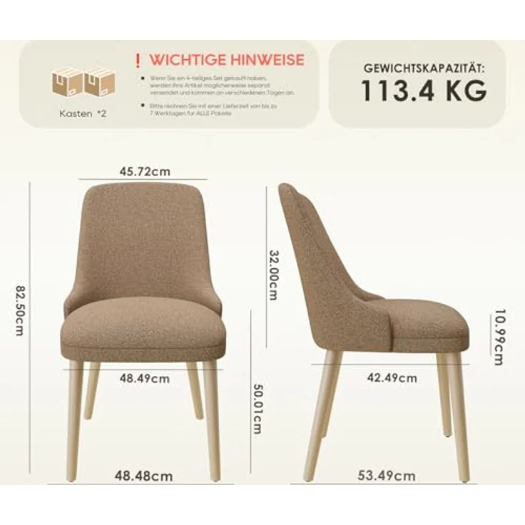 COLAMY Esszimmerstühle 4er Set, Gepolsterter Stuhl mit Holzbeinen, Hohe Rückenlehne für Esszimmer/Restaurant/Café, Kamel – Bild 3