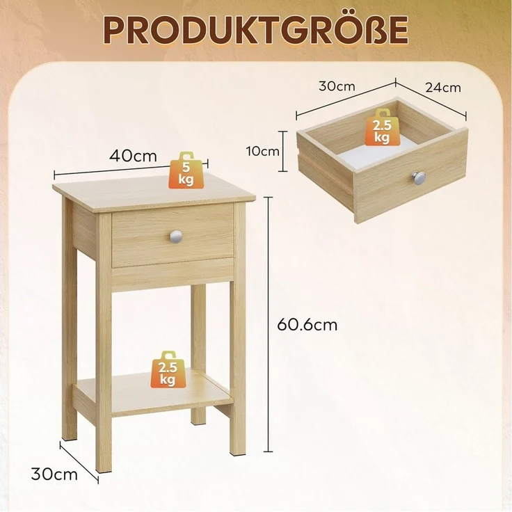 WLIVE Nachttisch Nachttisch mit Schublade und Ablage, Beistelltisch Holz 40×30×60,6cm (2er-Set), offene Ablage – Bild 2