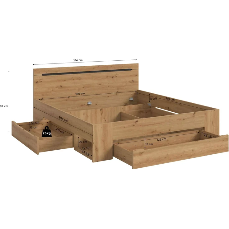 Bett Sova 180x200, Modernes Bett in Eiche-Optik mit Schubladen & Fächern – Bild 3