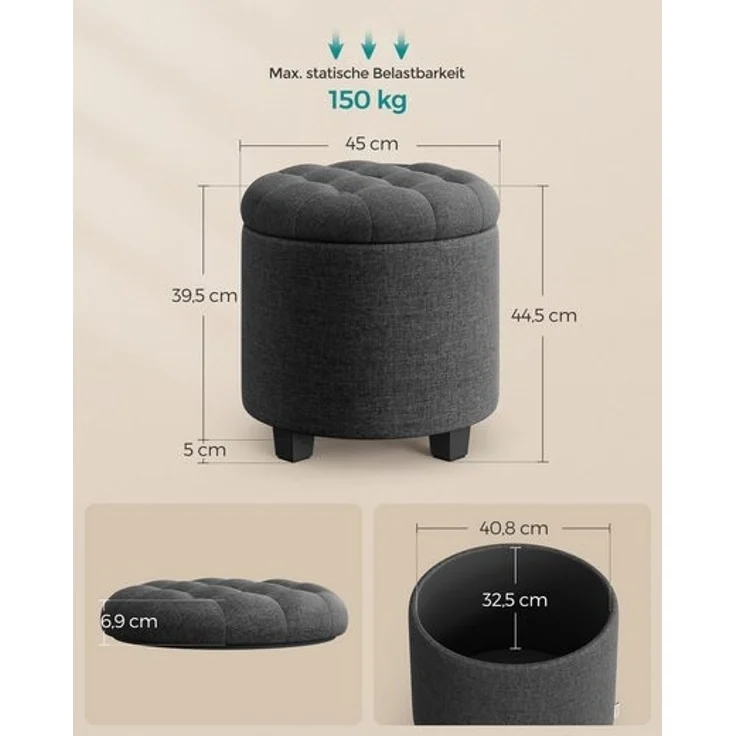 SONGMICS Sitzhocker rund, Fußhocker mit Stauraum, Schminkhocker mit Beinen, 45 cm d, 44,5 cm H, bis 150 kg belastbar, für Wohnzimmer Schlafzimmer, dunkelgrau LOMDE011G01V1 – Bild 3