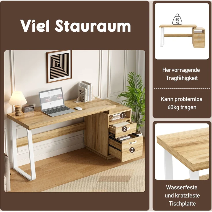 Flieks Schreibtisch 161 x 54 x 76.4 cm mit offenem Ablagefach, geräuscharmer Schublade und Stahlgestell, Naturholzfarben – Bild 7
