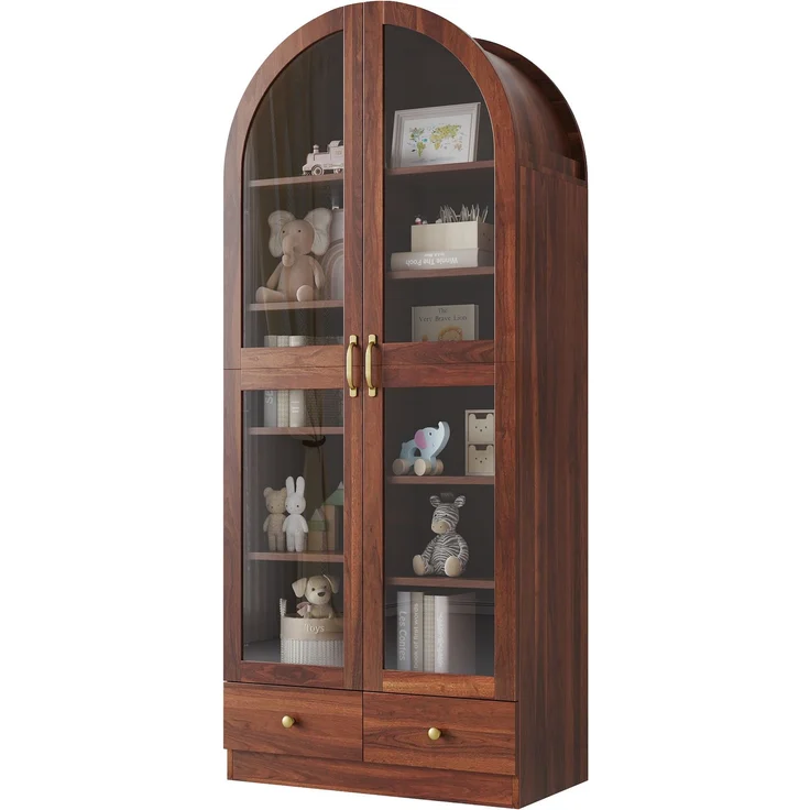 Vitrine aus MDF und Glas mit Bogenprofil und 2 Schubladen, 76x40x180 cm, Nussbaum-Optik – Bild 6