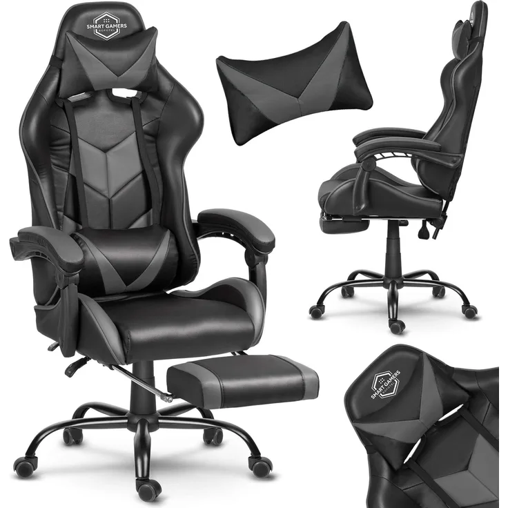 Sofotel Gaming Stuhl Ergonomisch Sessel Schreibtischstuhl Bürostuhl Drehstuhl Kopfstütze Lendenwirbelstütze Fußhocker Armlehnen Herausnehmbare Kissen Kunstleder Gummierte Rollen Cerber Schwarz Grau