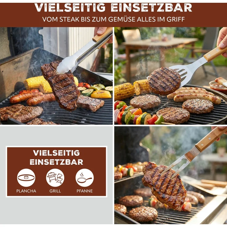 eluno Grillbesteck 4er-Set, Edelstahl und Bambus – Bild 3
