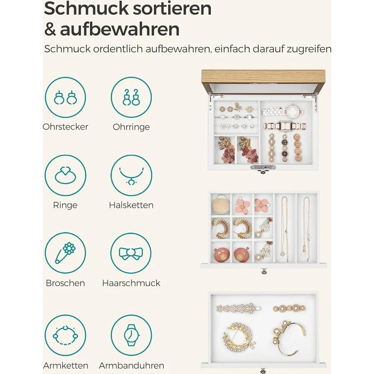 Songmics Schmuckkästchen mit großem Spiegel, abschließbar, MDF weiß-holzfarben, 15 x 17 x 25 cm – Bild 3