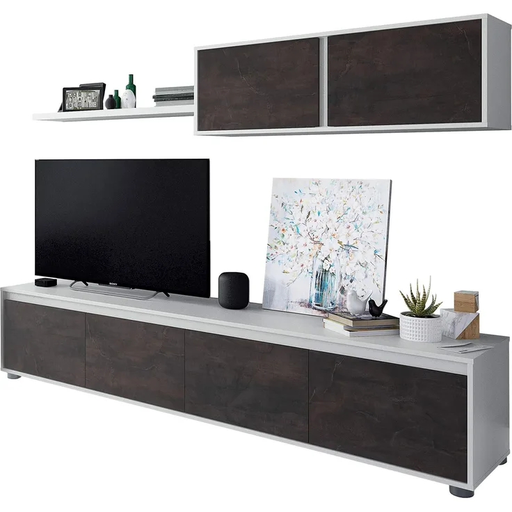 Wohnzimmer-TV-Schrank mit vier Türen, mit Hängeschrank und Regal, dunkelbraun und glänzend weiß, TV-Schrankmaß 200 x 43 x 41 cm Hängeschrank 105 x 35 x 29 cm Regal 95 x 3 x 21 cm