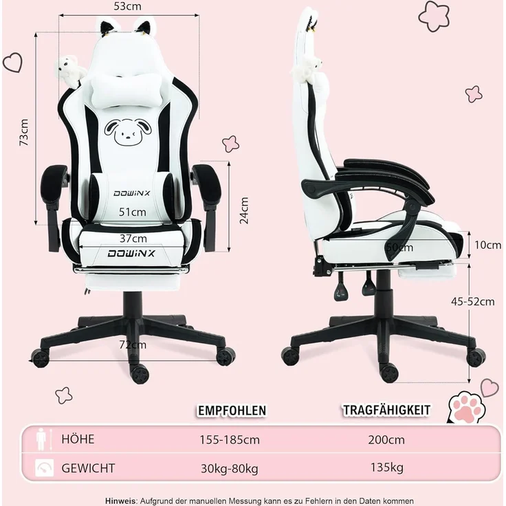 Dowinx Gaming Stuhl Süße Hund Edition Ergonomisch PU-Leder weiß Kaninchen – Bild 3