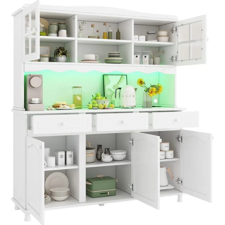Buffetschränke, Esszimmer-Hochschrank 135*40*185 cm, mehrstufigem Stauraum, integrierter Steckdose sowie USB-C- und USB-A-Anschlüssen, Farbiger LED-Streifen, Weiß--Weiß--135x40x185cm--YOUDENOVA – Bild 10