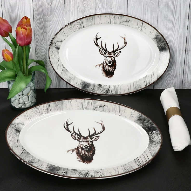 MamboCat Servierplatte 2x Alois Servierplatte oval Porzellan 35,5x24,3cm Hirsch Grill-Teller, Porzellan – Bild 3