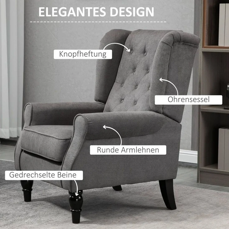 HOMCOM Sessel Einzelsessel, Akzentsessel mit Tufting Holzfüße (Ohrensessel, 1-St, Einzelsessel), für Wohnzimmer, Dunkelgrau – Bild 3