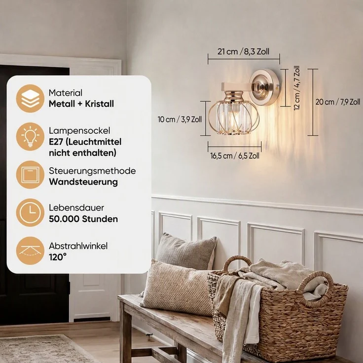 BlingBin Wandleuchte Goldene Kristall Innen,E27 Wohnzimmer Wandlampe Moderne, Gold Metall, ohne Leuchtmittel, Kristallwandleuchte für Wohnzimmer Korridor Esszimmer – Bild 3