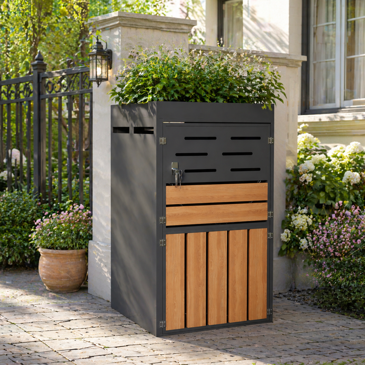 Flieks Outdoor Mülltonnenbox mit Pflanzablage, Einzelne 66×80×128 cm, 1-türiger Outdoor Aufbewahrungsschrank aus Stahl, anthrazit