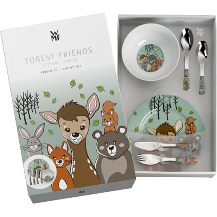 WMF Kindergeschirr-Set Waldfreunde (6-tlg), 1 Personen, Cromargan® Edelstahl Rostfrei 18/10, Porzellan, ab 3 Jahren, hygienisch, säurefest