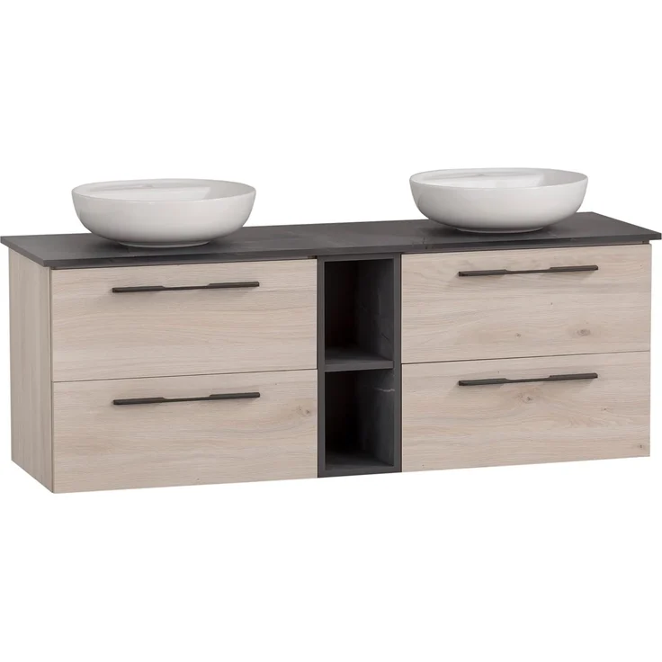 Schildmeyer Waschtisch Doppelwaschtisch Maxim 701847, rundes Aufsatzbecken, sandeiche Dekor/Marmor Optik