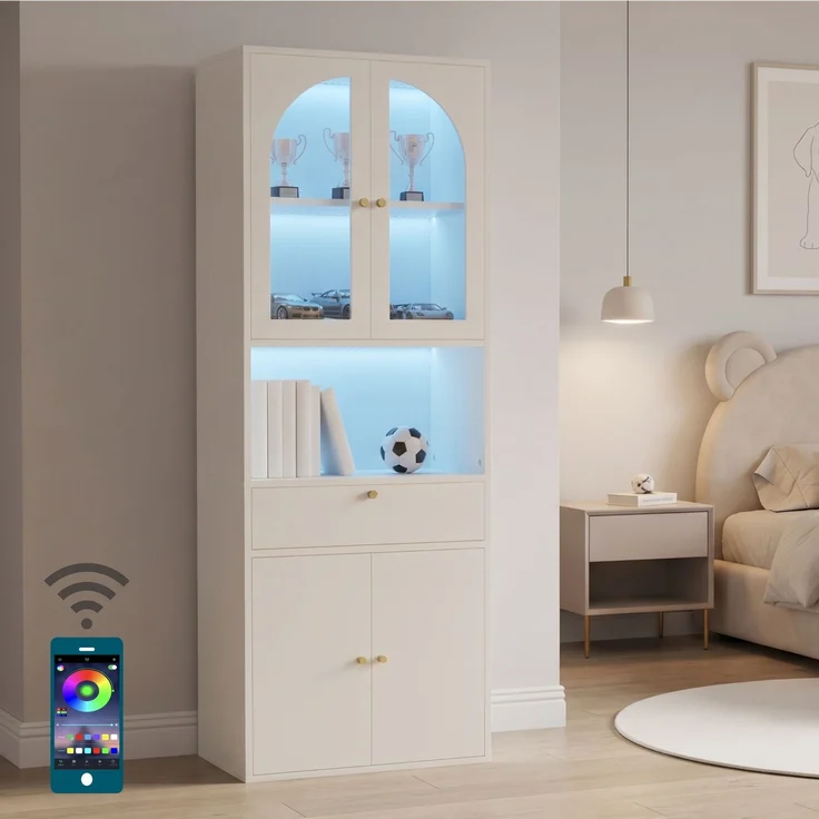 Glasvitrine, Bücherschrank, Büroschrank, Figurenschrank, Hochschrank, Stauraumschrank,Küchenschrank, mit RGB mehrfarbig dimmbaren LED-Leisten, per Smartphone-App steuerbar, weiß, 70 × 35 × 180 cm--Weiß--70x35x180cm--YOUDENOVA – Bild 7