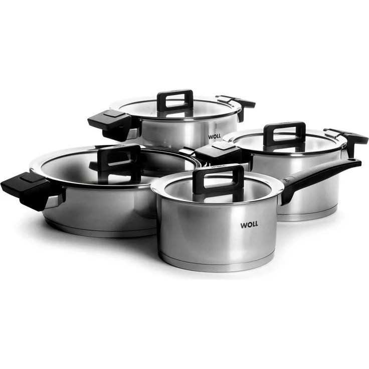 WOLL Kochtopf‑Set Concept 4‑tlg. Edelstahl 18/10 mit Alu‑Induktionsboden Ø 18/20/24/28 cm Abgießdeckel Alle Herdarten inkl. Induktion Backofenfest bis 200 °C Spülmaschinenfest