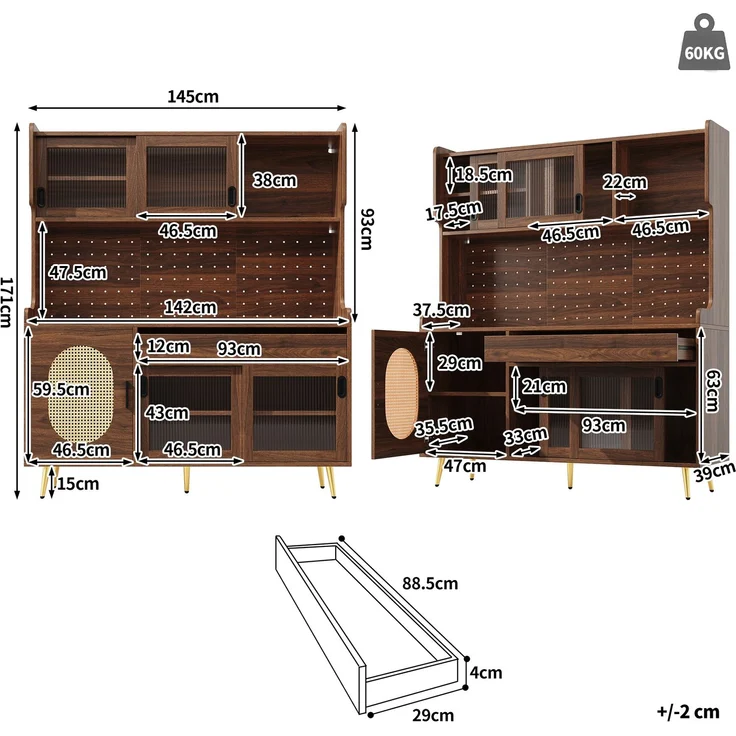 Seitenboard / Aufbewahrungsschrank / Küchenschrank / Buffetschrank, 145x39x171cm, Landhausstil, 5 Türen, mit LED-Lichtleiste & Ordnungslockplatte, Fluted Glas Türen, Braun/Schwarz--Braun--145x39x171cm--YOUDENOVA – Bild 7