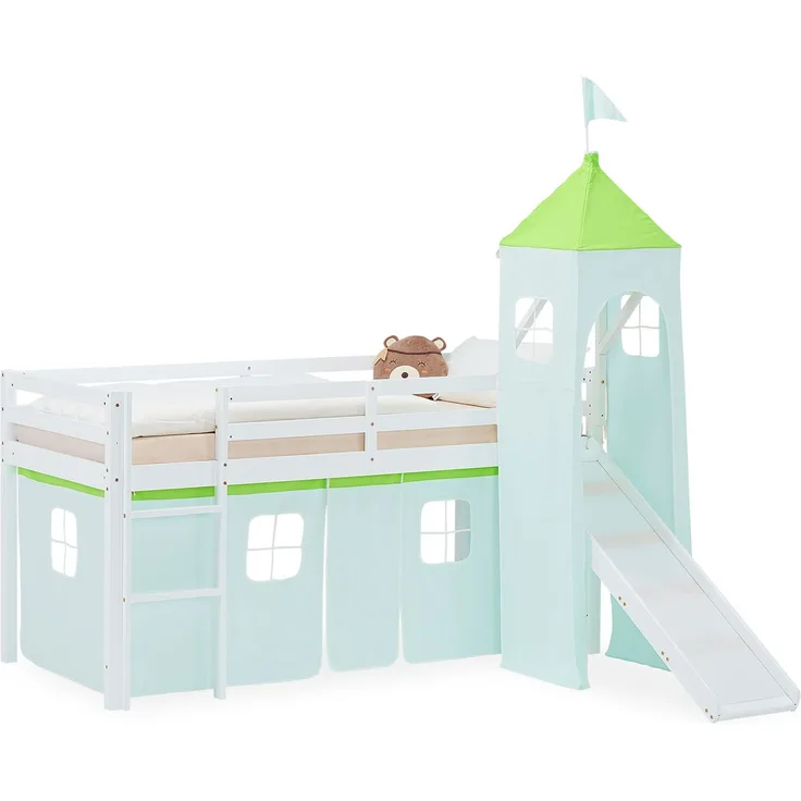 Hochbett Kinder 90x200 cm mit Rutsche Kinderbett Kinderhochbett Stockbett Vorhang Turm Grün