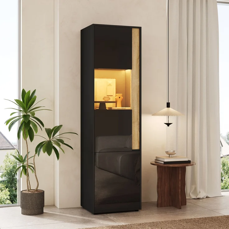 Vitrine, Aufbewahrungsmöbel, hoher Schrank mit LED-Beleuchtung, 2 Türen (eine davon aus Acryl). Geeignet für Wohnzimmer, Büros und Küchen. Schwarz+Natural. Maße: B50 x T40 x H179 cm. – Bild 4