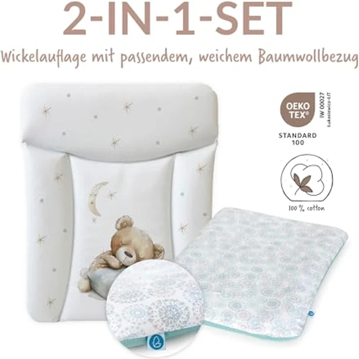 Ceba Baby® Wickelauflage 50x70 cm – Weiche Baby Wickelunterlage - Wasserdicht, abwaschbar - inkl. abnehmbarem Baumwollbezug – Für Jungen und Mädchen – OEKO-TEX® Standard 100 – Made in EU – Bild 3