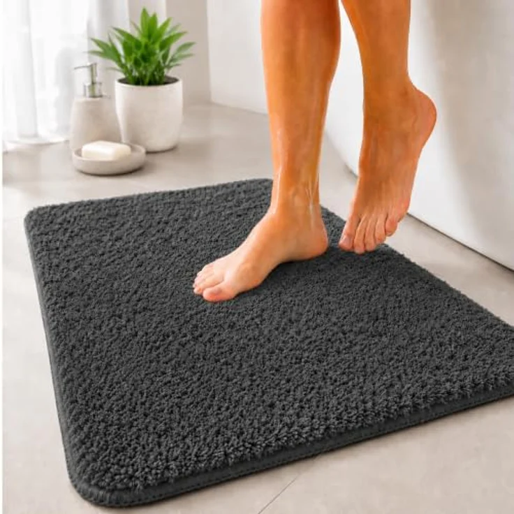 Floordirekt Badematte Sky, Hochflor Badezimmerteppich, rutschhemmend und schnell trocknend, geeignet für Fußbodenheizung, dunkelgrau, eckig und rund (50 x 60 cm) – Bild 1