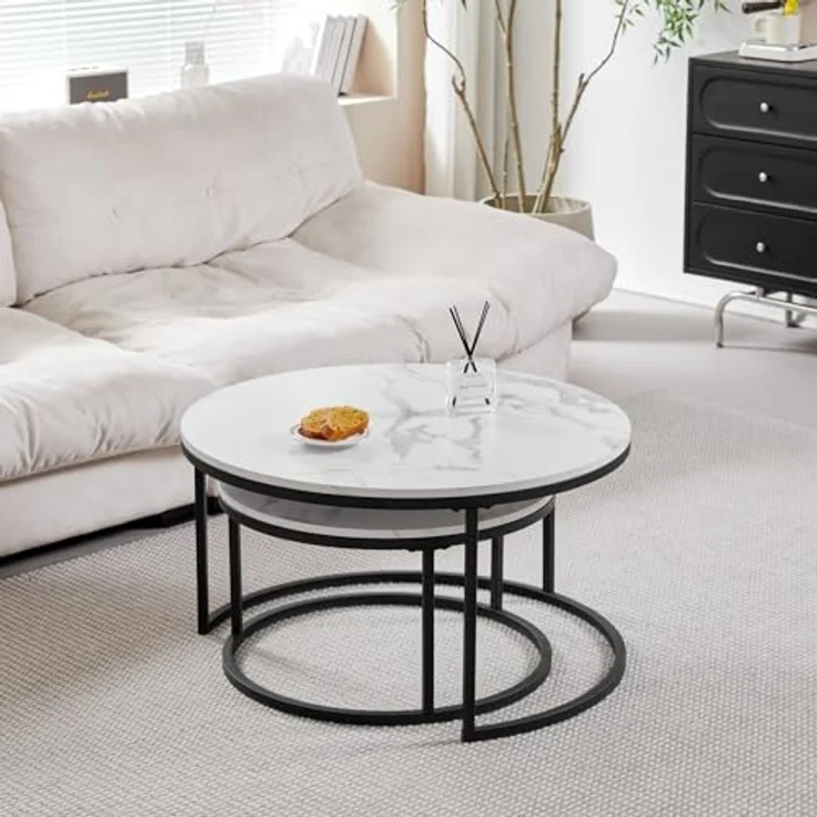 GrandCA HOME Couchtisch 2er Set,Stapelbarer Couchtisch, Couchtische Rund, Marmorierte MDF-Tischplatte, Schwarze Tischbeine aus Edelstahl，Geeignet für Wohnzimmer, Esszimmer（Ø80x45H cm，Ø60x35H cm） – Bild 4