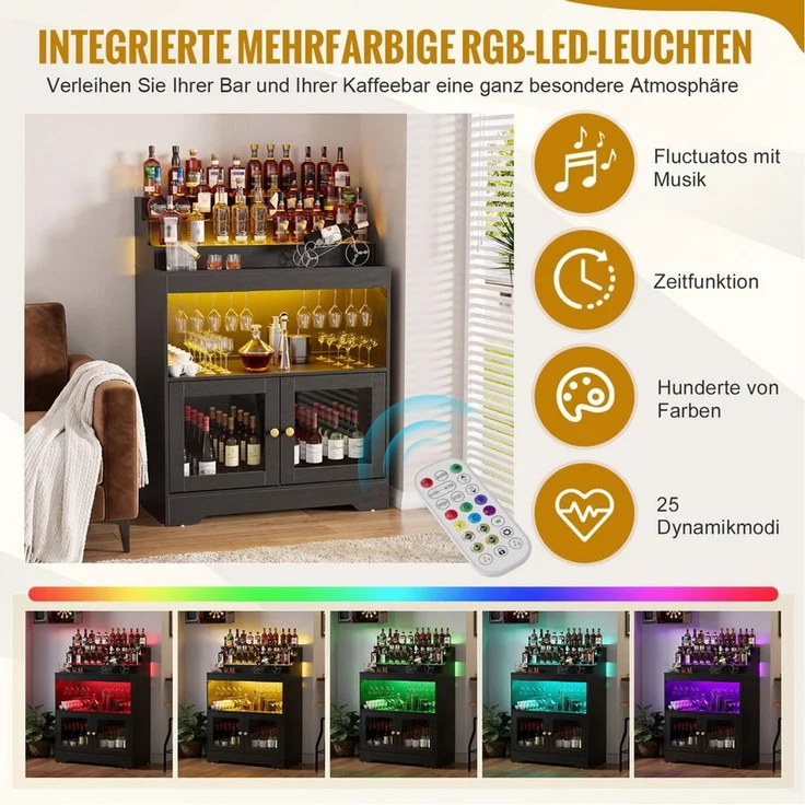 PEALOV Barschrank mit RGB-LED-Beleuchtung, Weinschrank mit Weinglashalter und Glastüren (1-St) 3-stöckiges Flaschenregal, Küchenschrank, Pantryschrank, 79,8x108cm – Bild 3