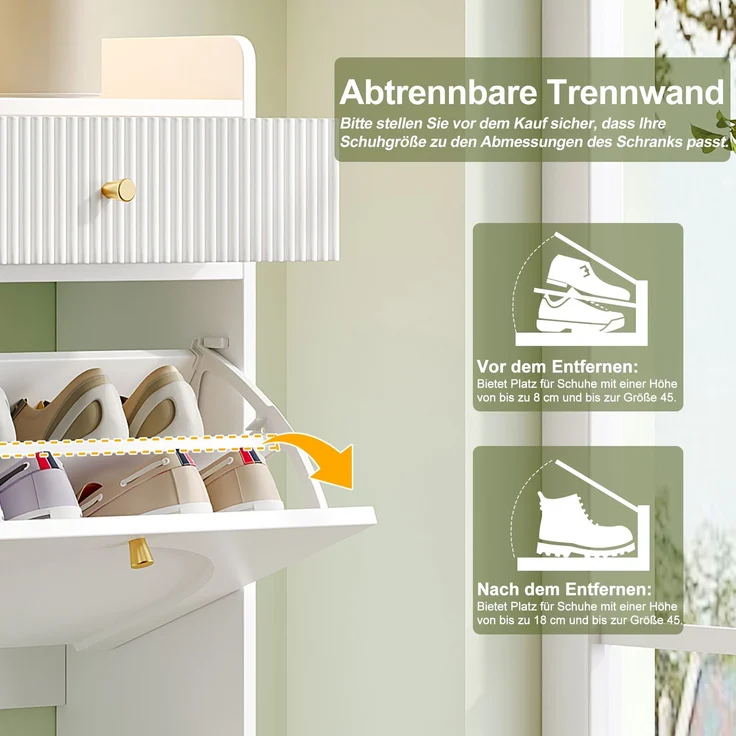 ZUBALIYA Schuhschrank (106,5 x 25 x 105,5 cm), 4 Klappfächer und 2 Schubladen, Verstellbare Einlegeböden, Aus MDF und Spanplatte, Weiß – Bild 15